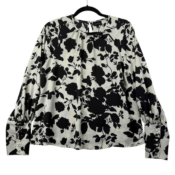 Who What Wear Black White Floral Blouse Top Size M Button Cuff Long Sleeve Chic - Picture 3 of 10